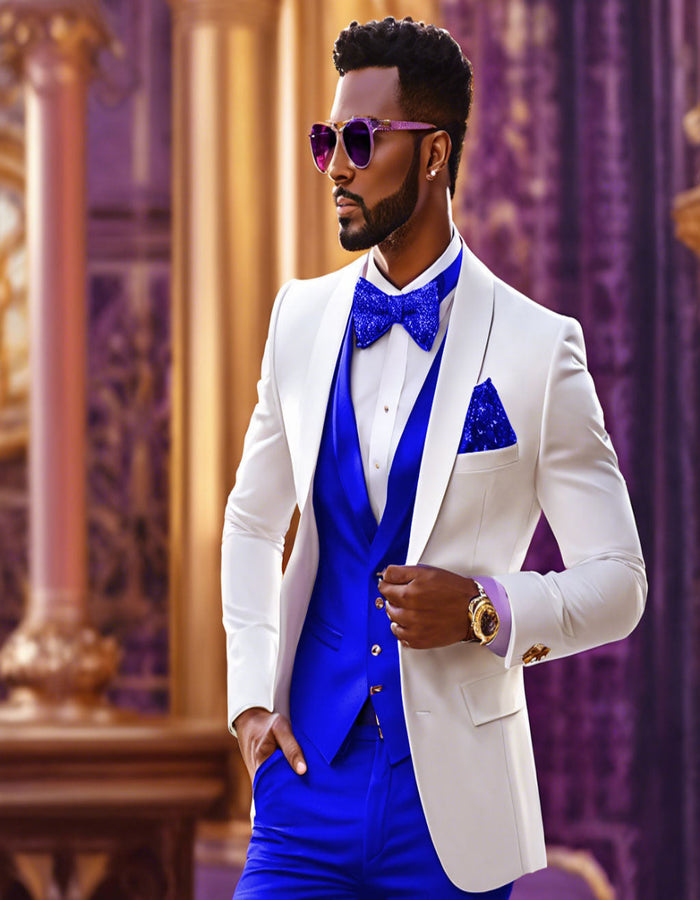 White and Royal Blue Tuxedo Wedding Suit - White Dinner Jacket + Vest + Pants + Bow-tie by USA Men's Outlet