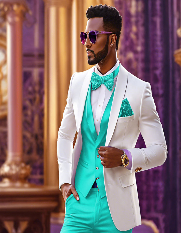 White and Turquoise Tuxedo Wedding Suit - White Dinner Jacket + Vest + Pants + Bow-tie by USA Men's Outlet