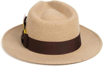 Gangster 100% Australian Wool Crushable Mens Fedora Hat - Removable Feather Gangster Beige Melange Mens Fedora Hat