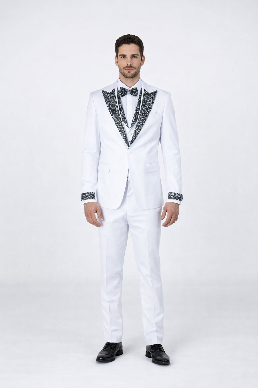 Men’s Designer White Peak Lapel Tuxedo with Stones – 4-Piece Set – SuitUSA