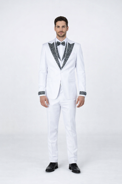 Men’s Designer White Peak Lapel Tuxedo with Stones – 4-Piece Set