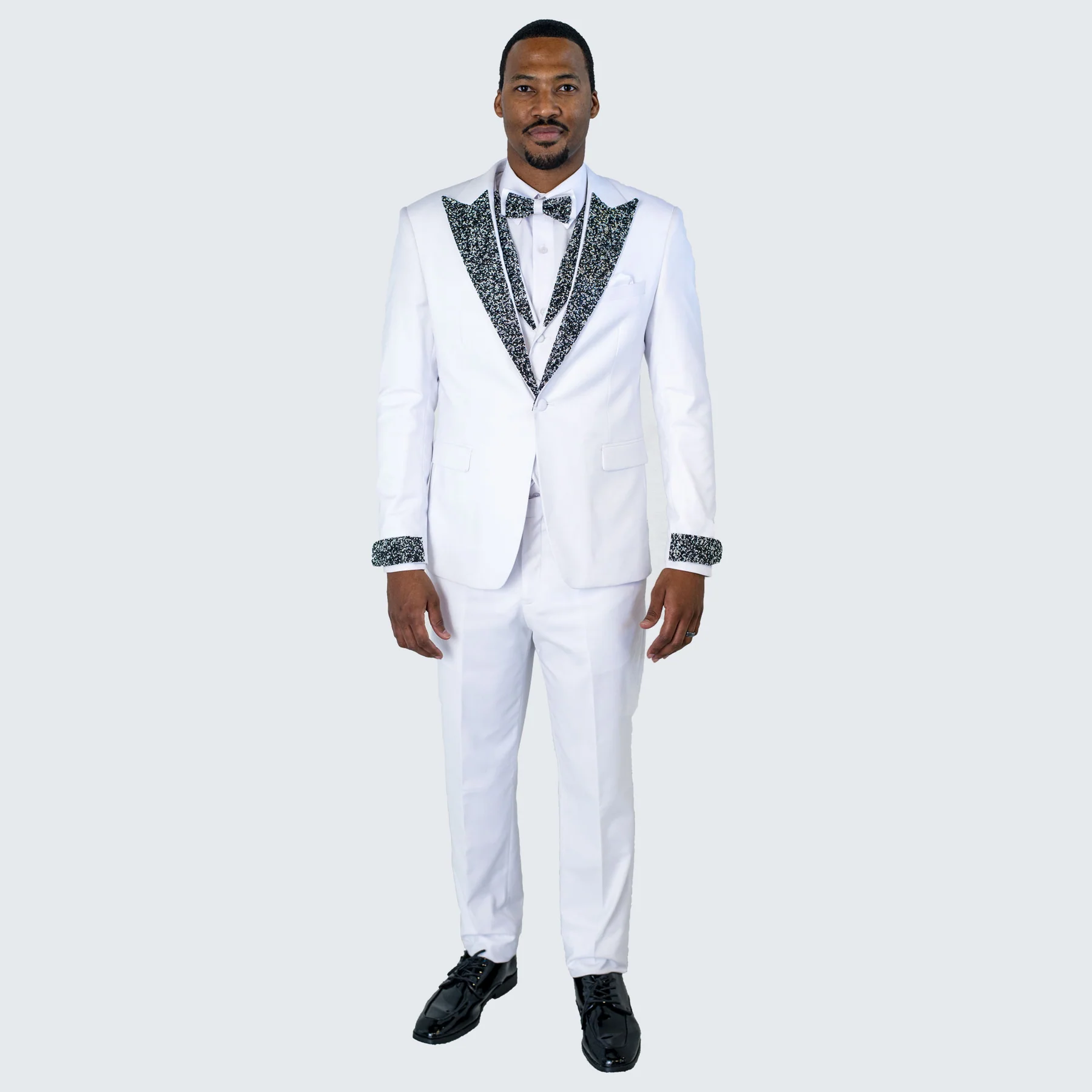 Men’s Designer White Peak Lapel Tuxedo with Stones – 4-Piece Set