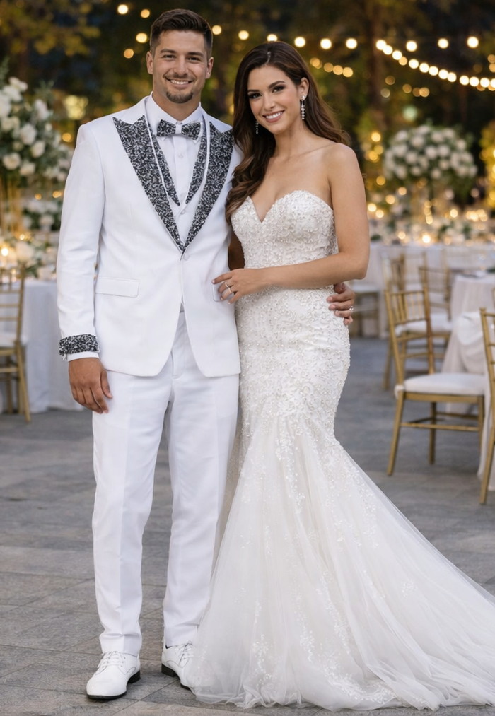 White Wedding Tuxedo with Stone Detailing - Peak Lapel 4-Piece Suit by USA Men's Outlet