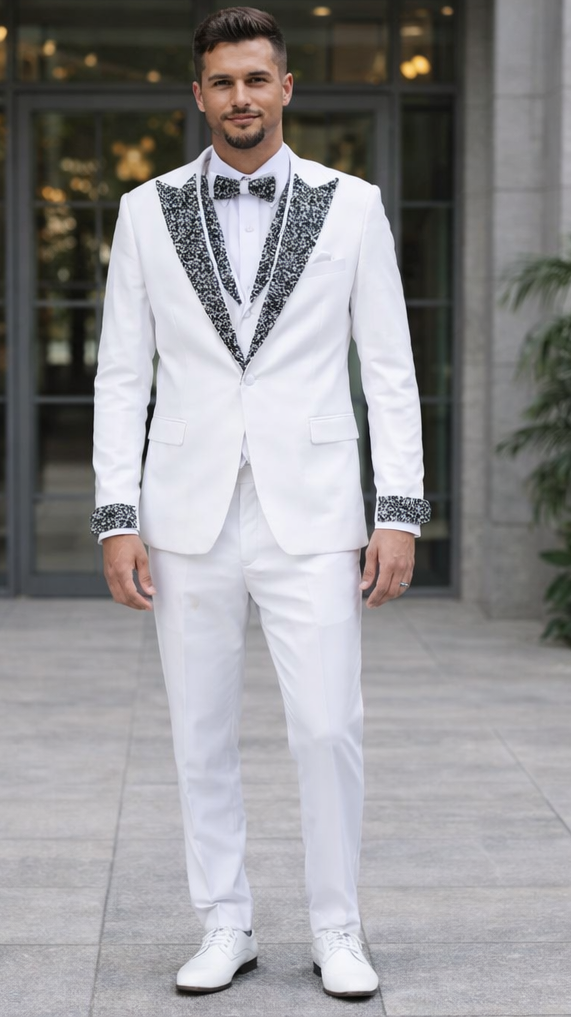 Men’s Designer White Peak Lapel Tuxedo with Stones – 4-Piece Set