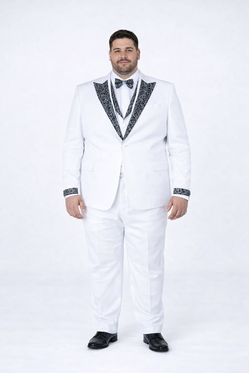 Men’s Designer White Peak Lapel Tuxedo with Stones – 4-Piece Set