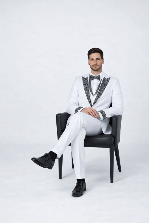 Men’s Designer White Peak Lapel Tuxedo with Stones – 4-Piece Set