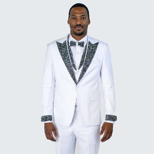 Men’s Designer White Peak Lapel Tuxedo with Stones – 4-Piece Set