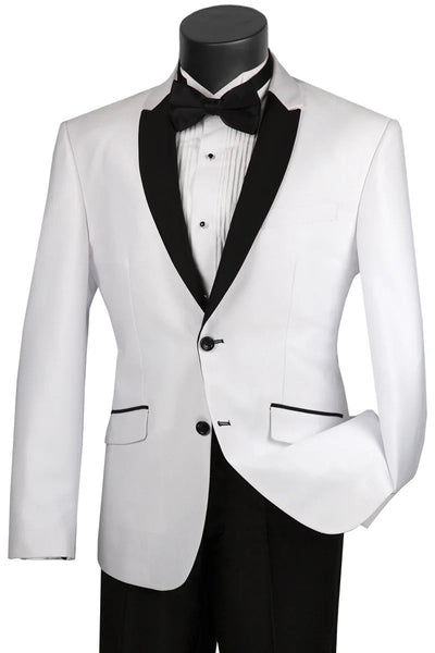 Mens 2 Buttton Slim Contrast Peak Lapel Satin Tuxedo in White by PROMTUXEDO