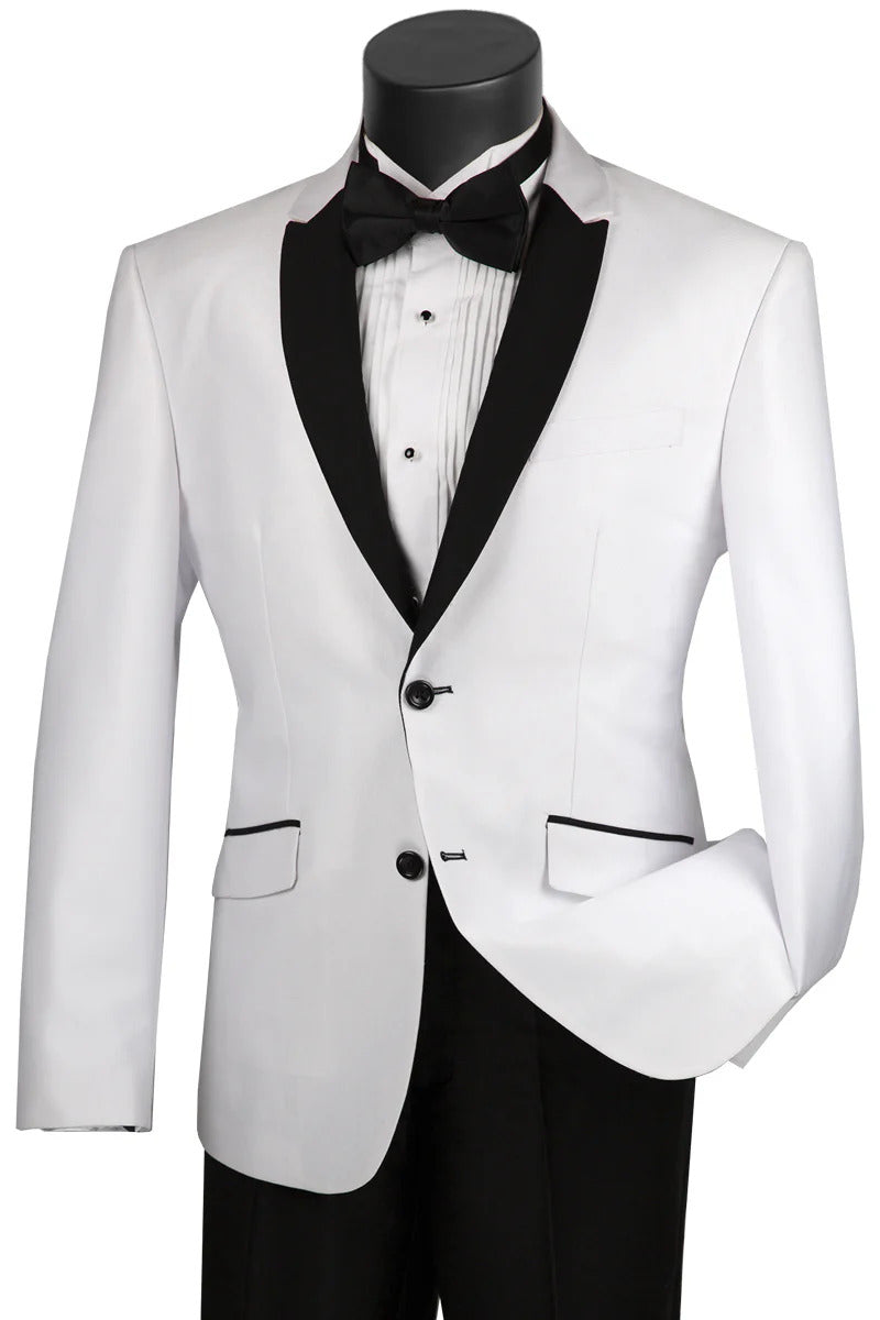 Mens 2 Buttton Slim Contrast Peak Lapel Satin Tuxedo in White
