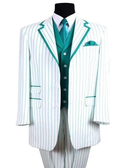 Pleated Dress Men Suits - Mens 3 Button Vested Barbershop Quartet White with Turquoise Pinstripes Suit by Men's Tuxedo USA