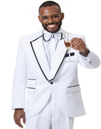 Cheap Tuxedos - Affordable Prom Suit - Mens One Button Square Shawl White With Black Satin Tuxedo