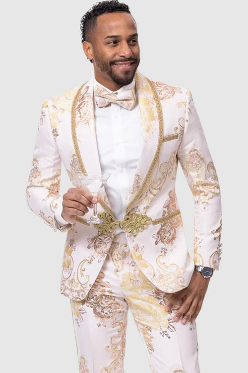 Mens 80s Prom Suit Perfect Outfit - Mens White & Gold Paisley Prom & Wedding Tuxedo