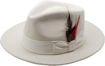 Gangster 100% Australian Wool Crushable Mens Fedora Hat - Removable Feather Gangster White Mens Fedora Hat