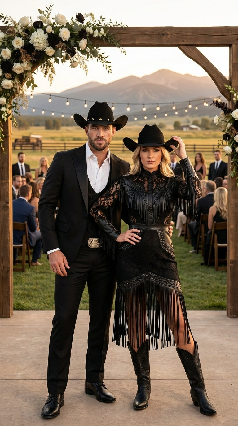 Men’s Black Western Tuxedo Suit with Satin Shawl Lapel Blazer and Double Breasted Vest