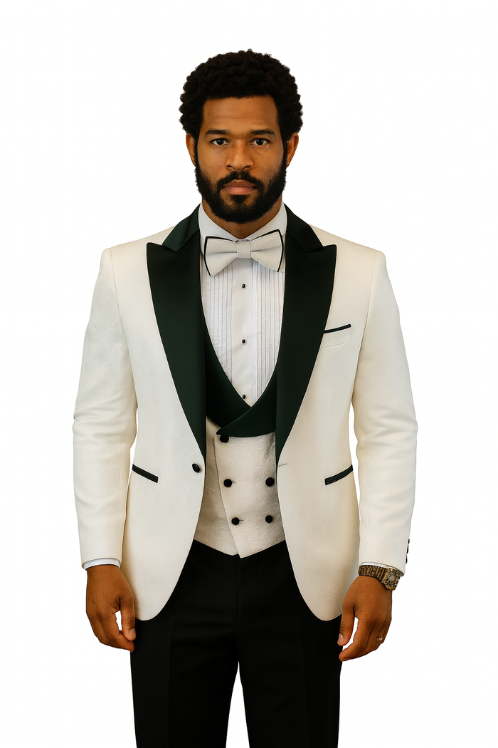Hilton White and Black Paisley Peak Lapel Tuxedo Jacket with Matching Shawl Vest and Wool Pants - Includes Bow Tie by USA Men's Outlet