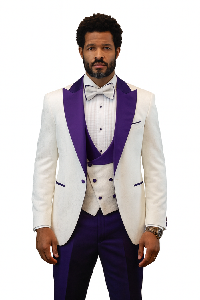 Hilton White and Purple Paisley Peak Lapel Tuxedo Jacket with Matching Shawl Vest and Wool Pants - Includes Bow Tie by USA Men's Outlet
