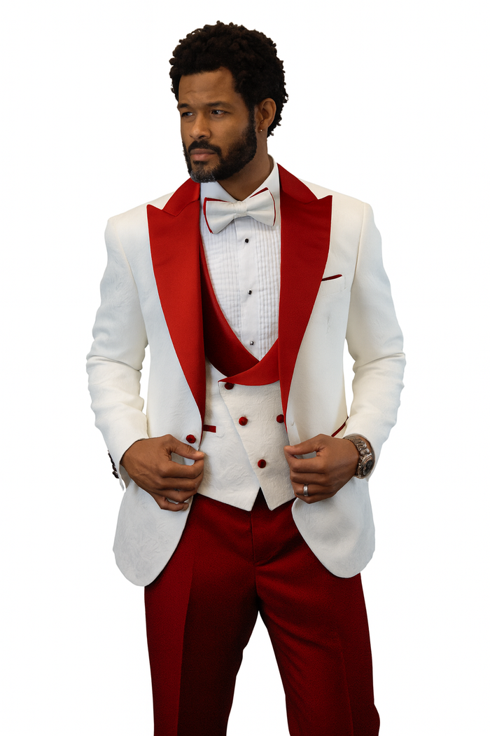 Hilton White and Red Paisley Peak Lapel Tuxedo Jacket with Matching Shawl Vest and Wool Pants - Includes Bow Tie by USA Men's Outlet