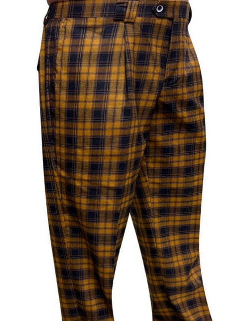 Mens Designer Wool Pleated Wide Leg Dress Pants in Copper and Mustard Plaid by USA Men's Outlet