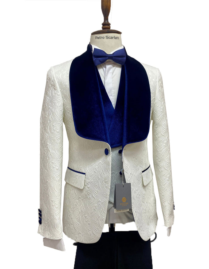 Mens Vested Designer Wide Royal Blue Velvet Shawl Tuxedo in Ivory Paisley Designer Prom Tuxedos by Designer Tuxedos
