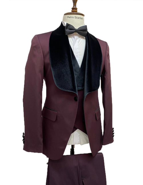 Maroon Prom Suit - Maroon Prom Tuxedo Suits - Maroon Wedding Tuxedo Mens Vested Designer Wide Velvet Shawl Tuxedo in Burgundy