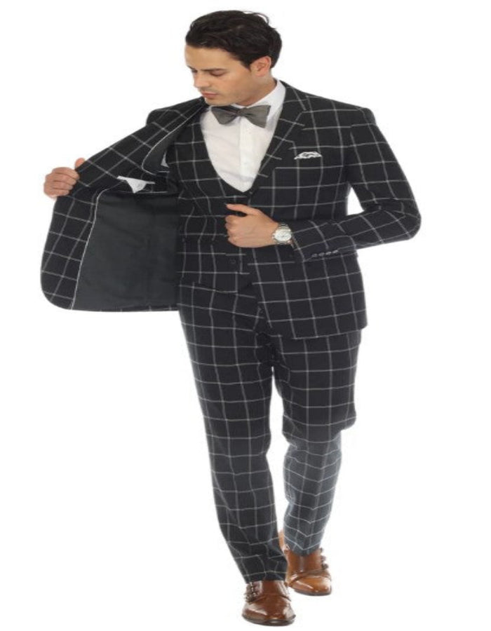 Mens Plaid Suit - Windowpane Pattern With Vest - Business Suit Hunter Green USA Men's Outlet