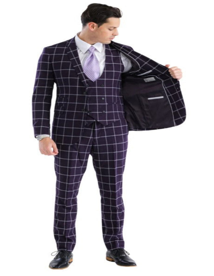 Mens Plaid Suit - Windowpane Pattern With Vest - Business Suit Burgundy by USA Men's Outlet