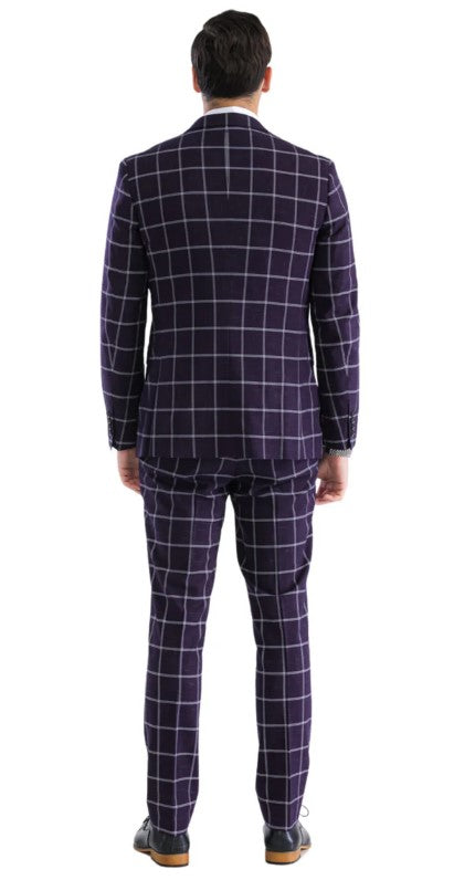 Mens Plaid Suit - Windowpane Pattern With Vest - Business Suit Burgundy by USA Men's Outlet