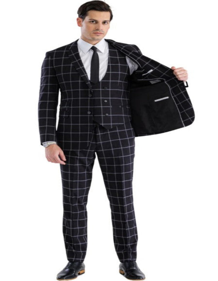 Mens Plaid Suit - Windowpane Pattern With Vest - Business Suit Black by USA Men's Outlet