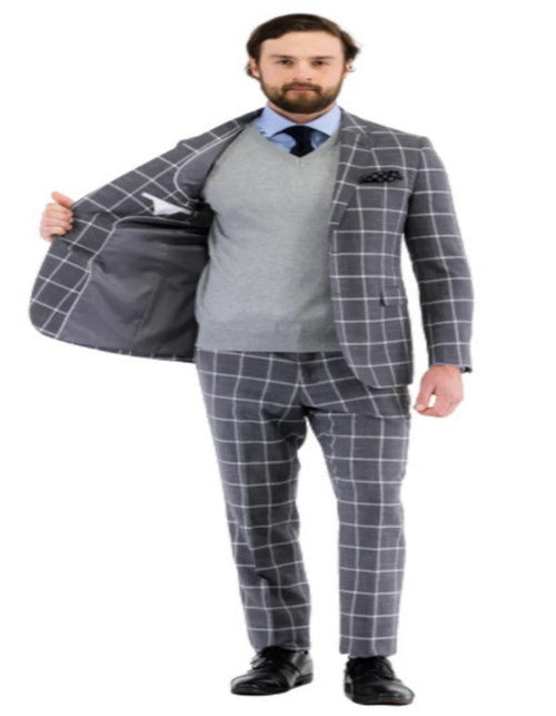 Mens Plaid Suit - Windowpane Pattern With Vest - Business Suit Grey by USA Men's Outlet