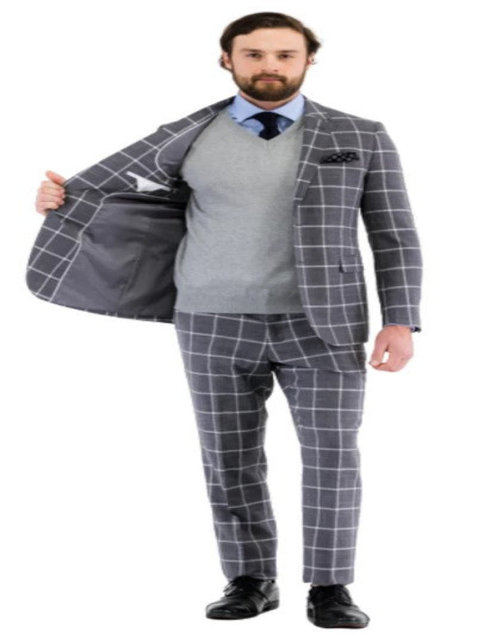 Mens Plaid Suit - Windowpane Pattern With Vest - Business Suit Grey by USA Men's Outlet