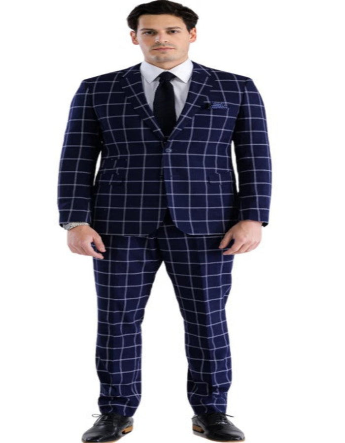 Mens Plaid Suit - Windowpane Pattern With Vest - Business Suit Navy by USA Men's Outlet