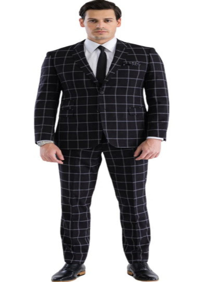 Mens Plaid Suit - Windowpane Pattern With Vest - Business Suit Black by USA Men's Outlet