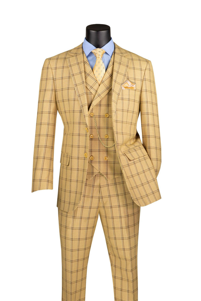 La Scale Collection-Windowpane Three Piece Suit - Tan by Vinci