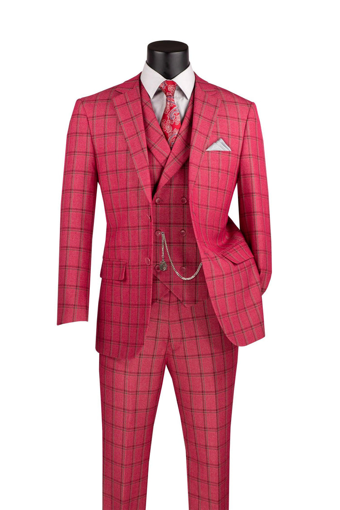 La Scale Collection-Windowpane Three Piece Suit, Raspberry by Vinci