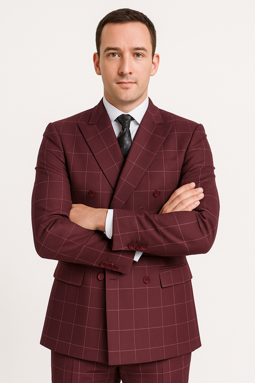 Naples Collection - Blue Modern Fit Double Breasted Windowpane Peak Lapel 2 Piece Suit by Vinci