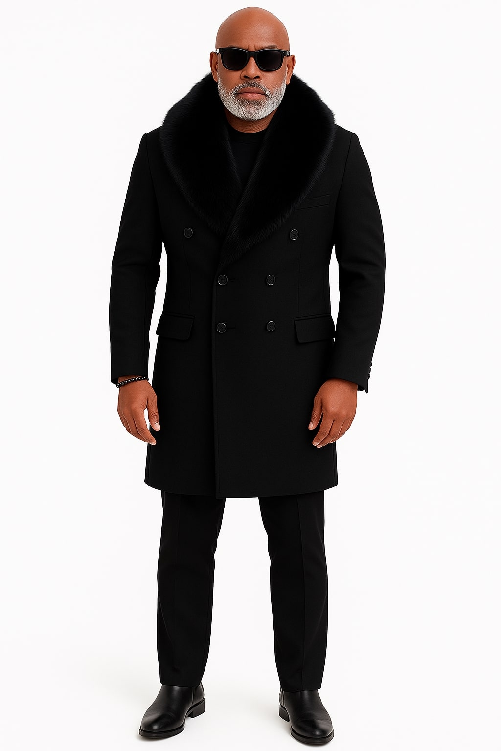 Mens Black Double-Breasted Overcoat with Oversized Faux Fur Collar – Winter Luxury Coat – SuitUSA