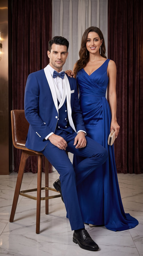 Men’s Royal Blue Tuxedo 3 Piece Suit with White Shawl Lapel – Double Breasted Vest Wedding & Prom Suit