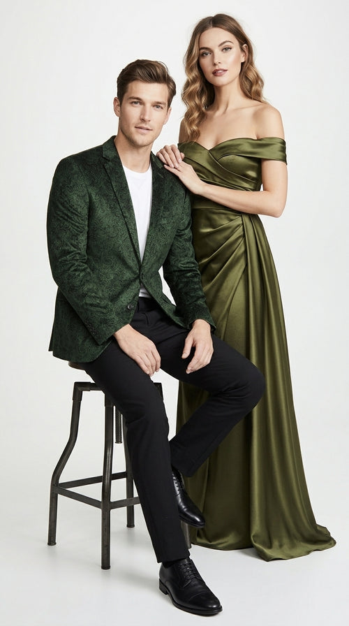 Men’s Olive Green Paisley Velvet Blazer, Formal Jacquard Sport Coat for Weddings, Prom and Parties