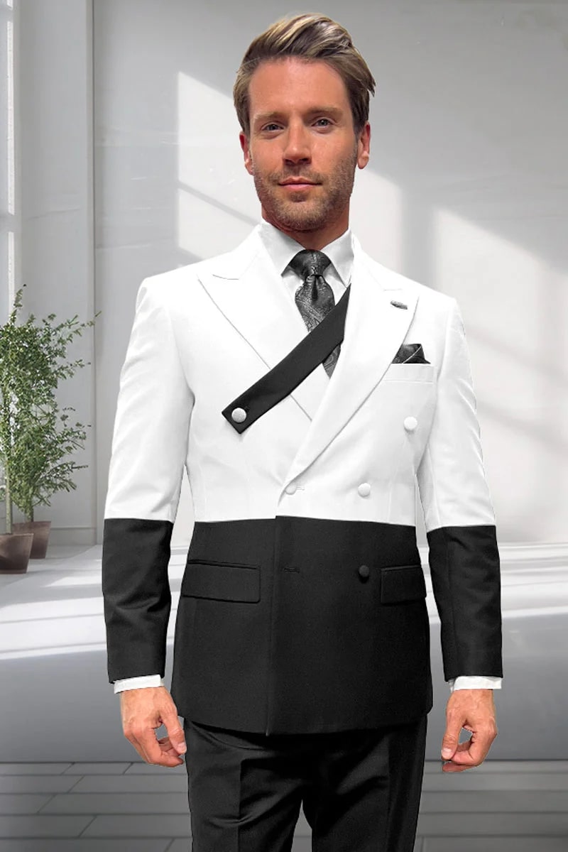 Mens Designer Double Breasted Suit – Wool Two Tone Black and White Style – SuitUSA