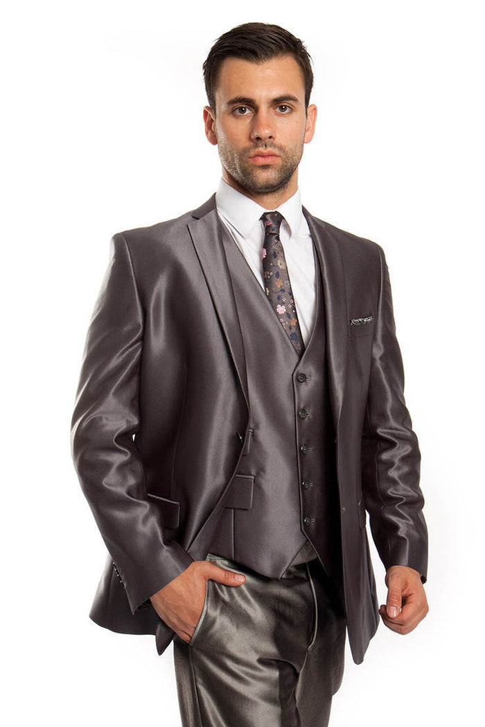 Men's Sharkskin Vested Suit in Charcoal Grey
