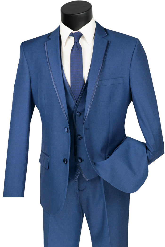 Mens Slim Vested Tuxedo Suit with Satin Trim in Black by Vinci