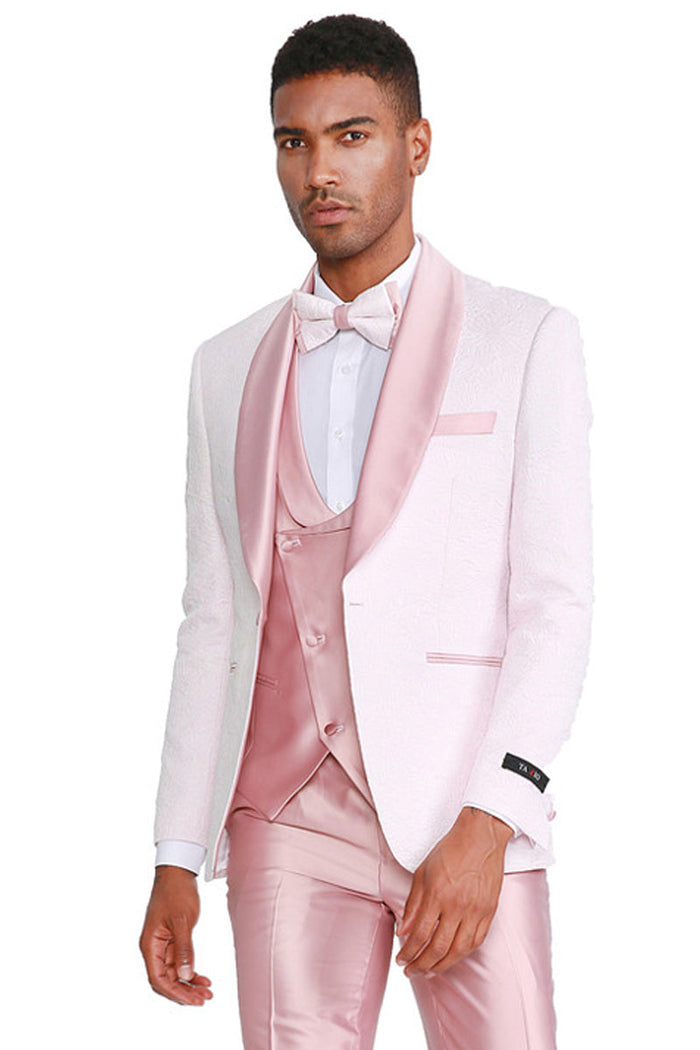 Men's One Button Vested Paisley Prom & Wedding Tuxedo with Satin Vest and Pants in Pink by Tazzio