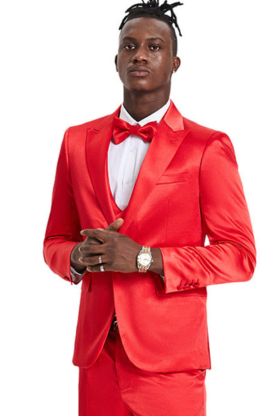 Men's Red Sharkskin Vested Suit for Prom & Weddings
