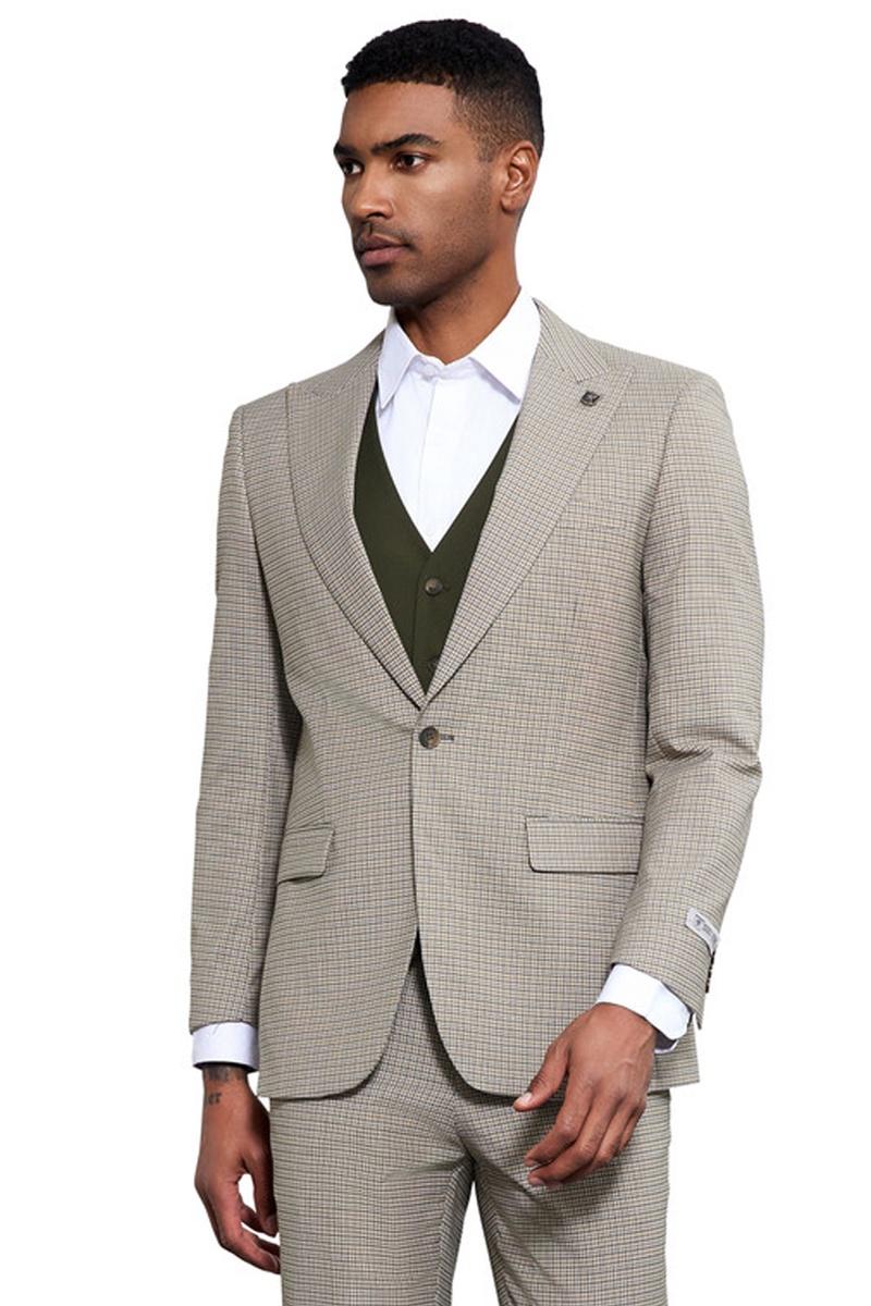 Men's Stacy Adams One Button Peak Lapel Vested Micro Check in Sage Green with an Olive Green Vest – SuitUSA