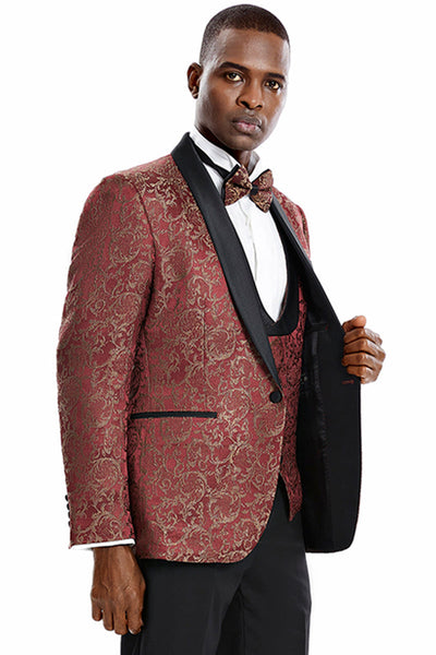 Men's Red & Gold Paisley Vested Tuxedo