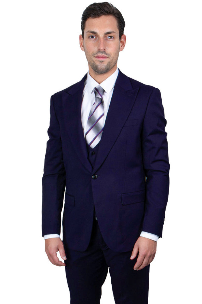 Men's Vested One-Button Peak Lapel Navy Blue Suit by Stacy Adams