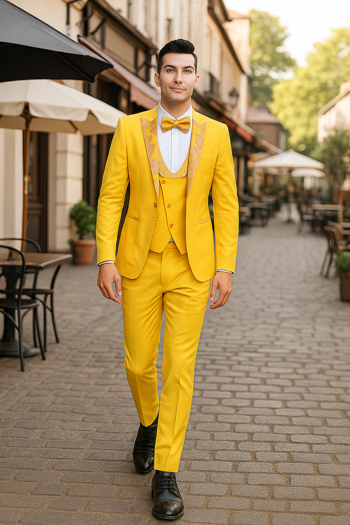 Radiant Golden Bloom Mens 3-Piece Suit with Floral Peak Lapel by USA Men's Outlet