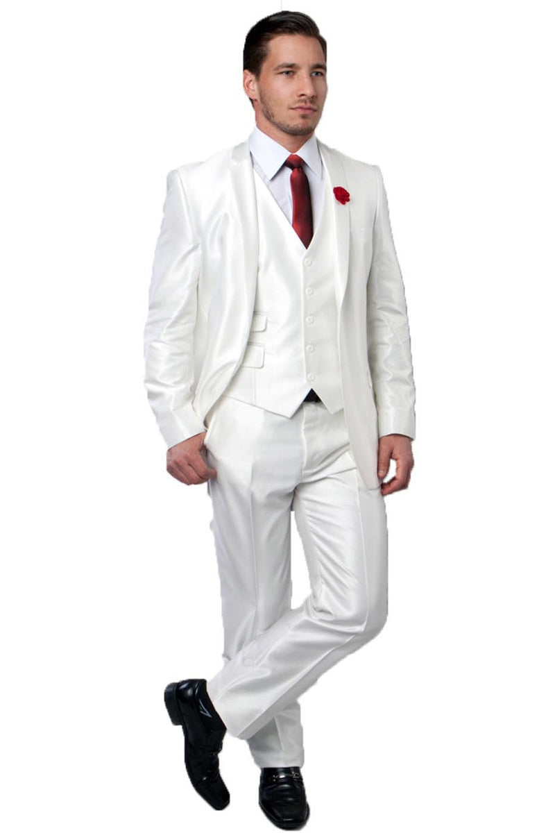 Men’s Ivory Sharkskin Vested Suit for Weddings & Prom