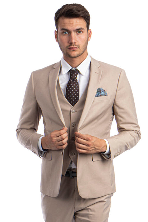 Men's Two Button Slim Fit Vested Solid Basic Color Suit in Medium Tan by Sean Alexander