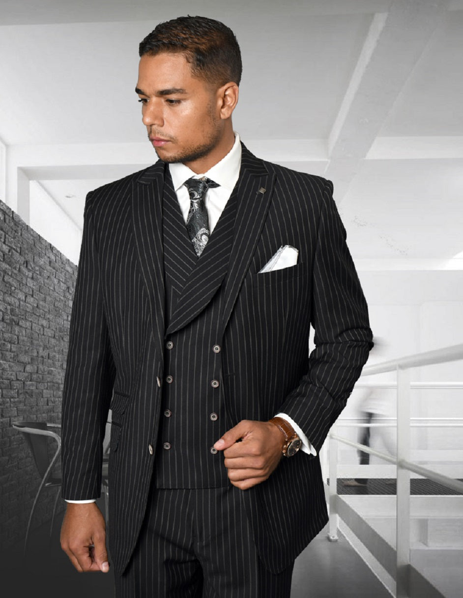 Mens Gangster Pinstripe 2 Button Double Breasted Vest Suit in Black Statement – SuitUSA
